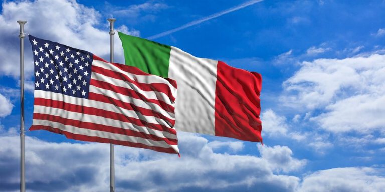 USA and Italy waving flags on blue sky